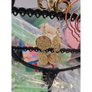 Earrings Pierced Dangle Gold-tone & Silver-tone Glitter Round Disks  French Wire